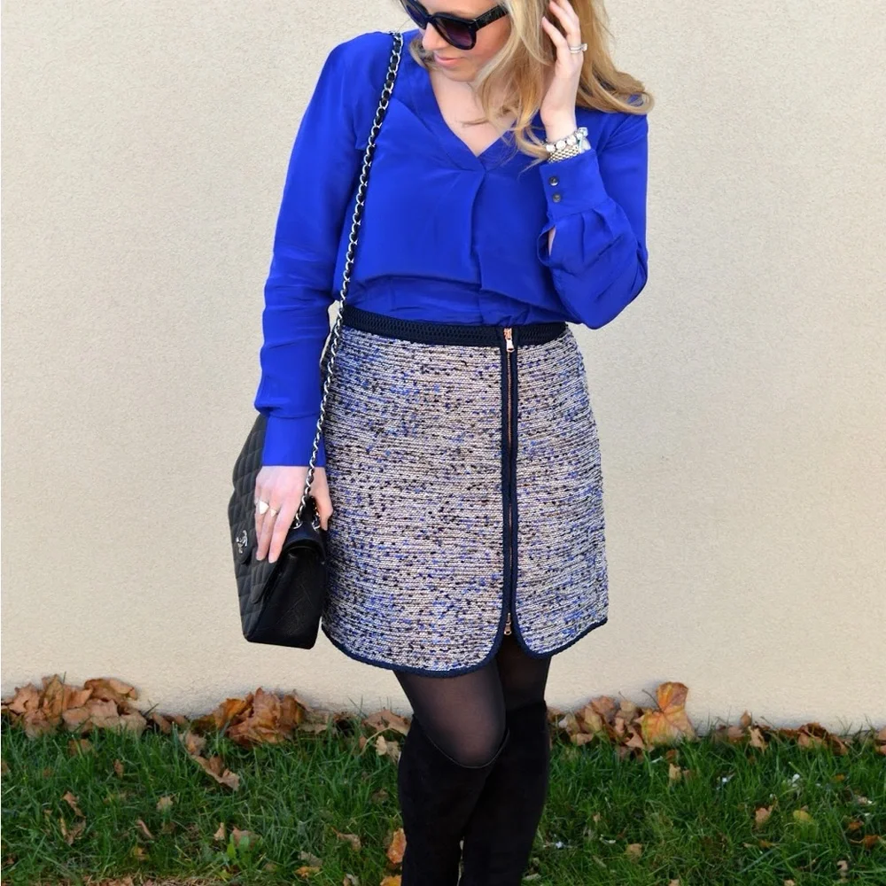 J. CREW Navy Tweed Skirt w Gold Zipper Front Slit